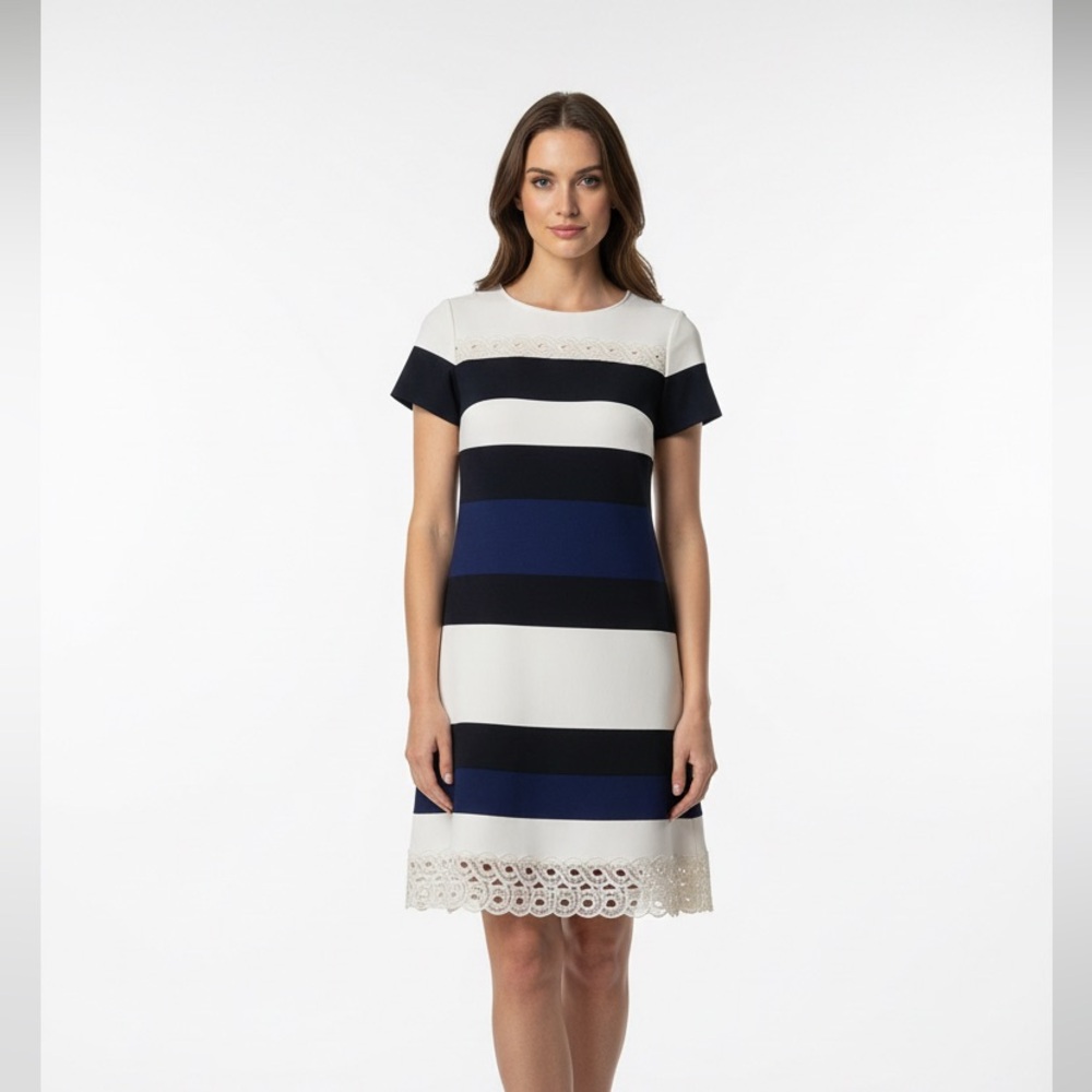 St. John White Short Sleeve Knit Dress with Navy & Black Stripes Eyelet Detail